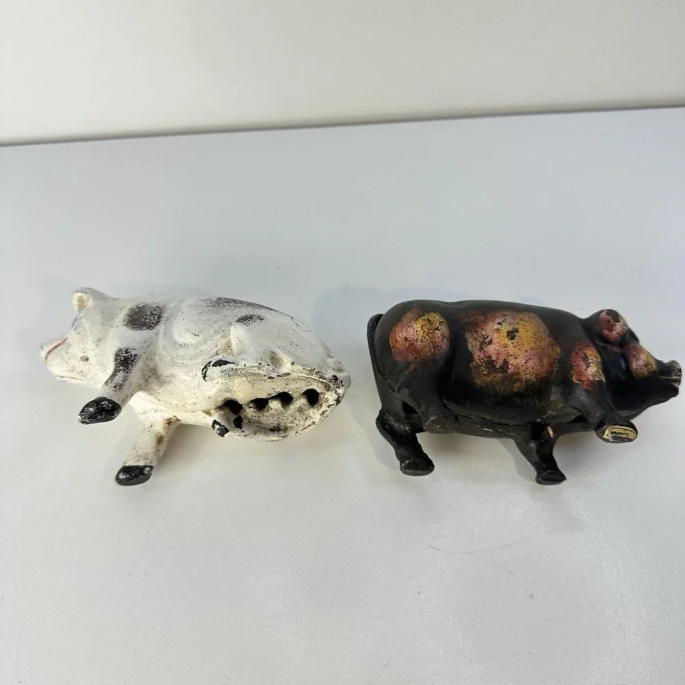 Vintage Cast Iron Pig Bank Doorstops x2 White and Black 4